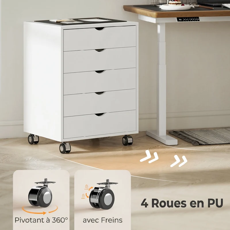 Caisson de bureau mobile 50 x 40 x 68 cm 5 tiroirs rangement idéal pour dossiers a3 roulettes moderne épuré en MDF blanc 21_0006408