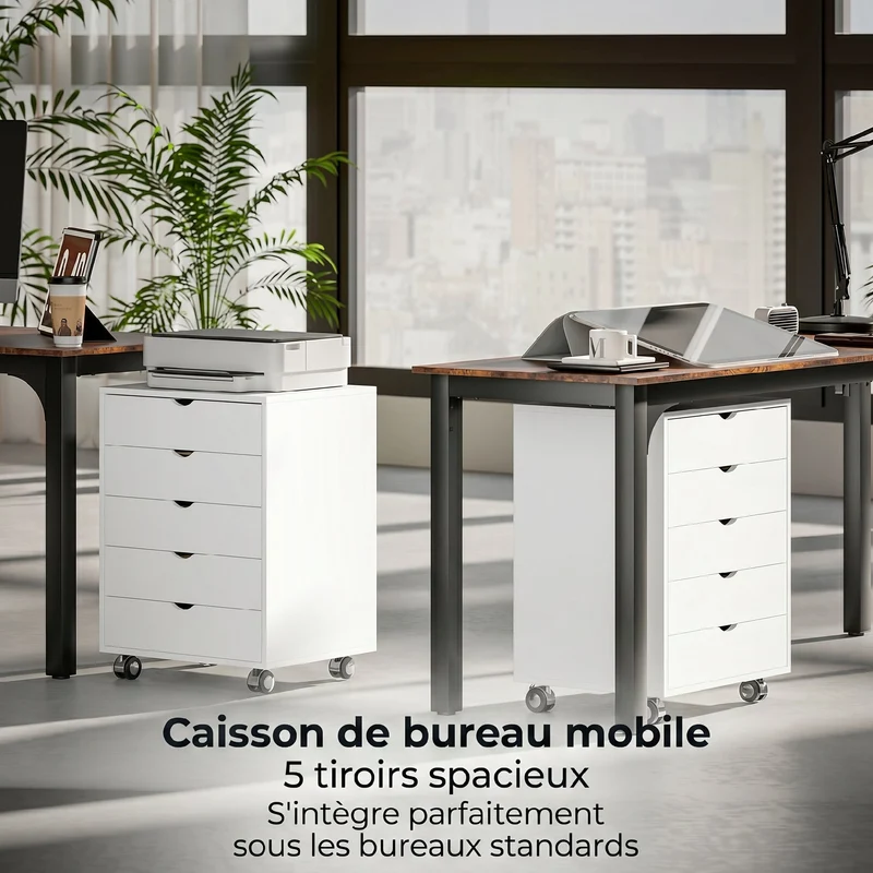 Caisson de bureau mobile 50 x 40 x 68 cm 5 tiroirs rangement idéal pour dossiers a3 roulettes moderne épuré en MDF blanc 21_0006408