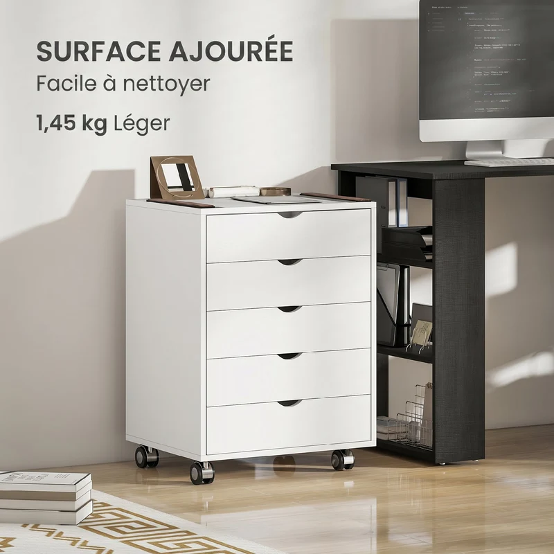 Caisson de bureau mobile 50 x 40 x 68 cm 5 tiroirs rangement idéal pour dossiers a3 roulettes moderne épuré en MDF blanc 21_0006408