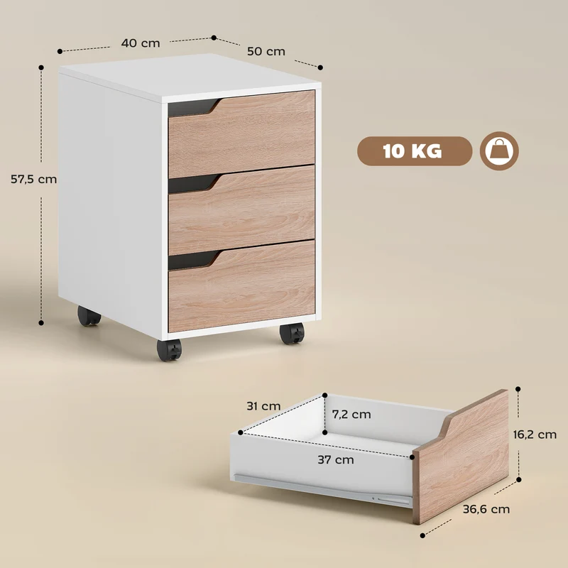 Caisson de bureau mobile 40 x 50 x 57.5 cm rangement 3 tiroirs mobilité roulettes 2 freins moderne épuré en MDF blanc 21_0002388