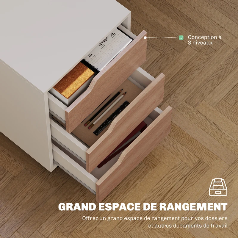 Caisson de bureau mobile 40 x 50 x 57.5 cm rangement 3 tiroirs mobilité roulettes 2 freins moderne épuré en MDF blanc 21_0002388