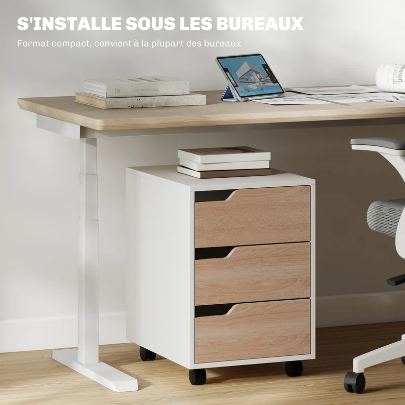 Caisson de bureau mobile 40 x 50 x 57.5 cm rangement 3 tiroirs mobilité roulettes 2 freins moderne épuré en MDF blanc 21_0002388