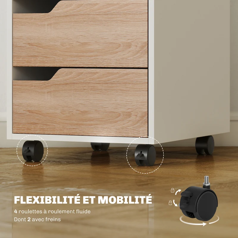 Caisson de bureau mobile 40 x 50 x 57.5 cm rangement 3 tiroirs mobilité roulettes 2 freins moderne épuré en MDF blanc 21_0002388