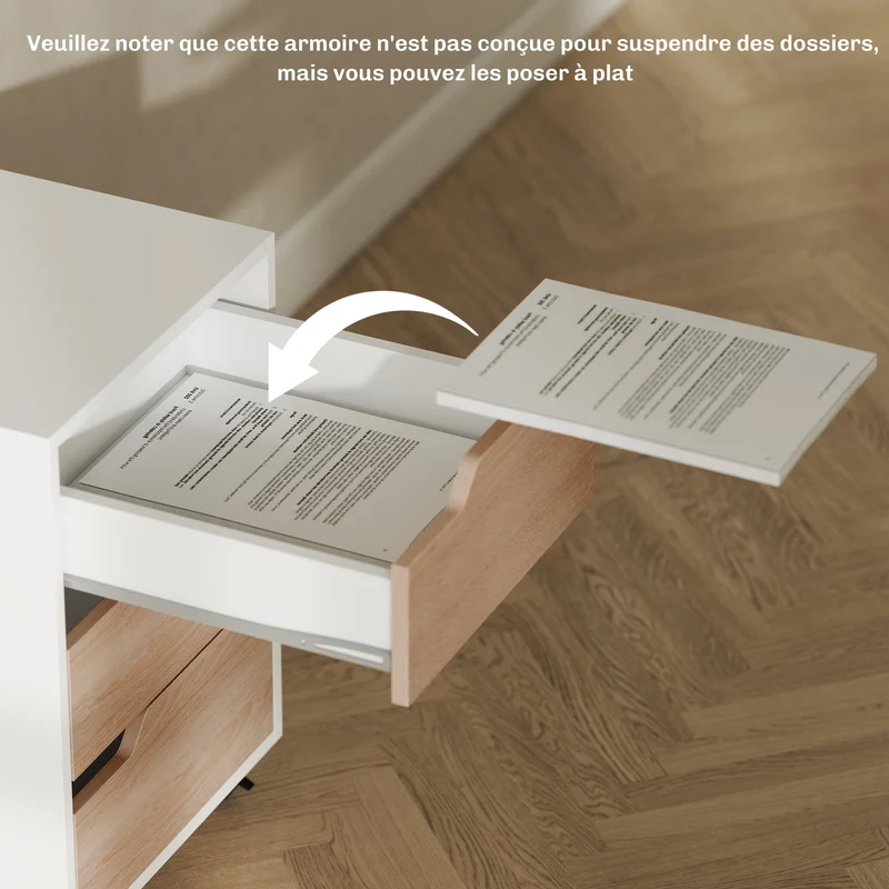 Caisson de bureau mobile 40 x 50 x 57.5 cm rangement 3 tiroirs mobilité roulettes 2 freins moderne épuré en MDF blanc 21_0002388