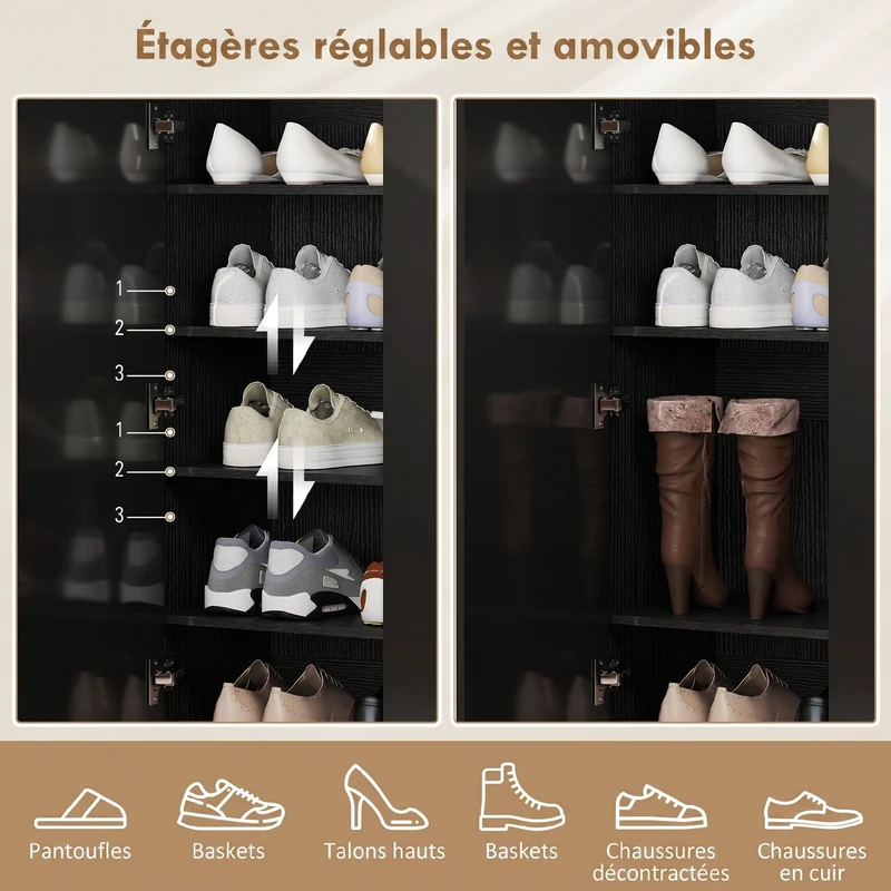 Meuble à chaussures d'entrée 72 x 34,5 x 103 cm étagères réglables portes fermeture douce moderne épuré en MDF noir 21_0002780