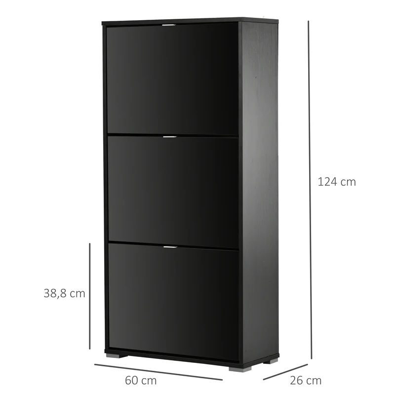 Meuble à chaussures armoire 60 x 26 x 124 cm 3 portes abattantes rangement modulable contemporain épuré en MDF noir 21_0002597