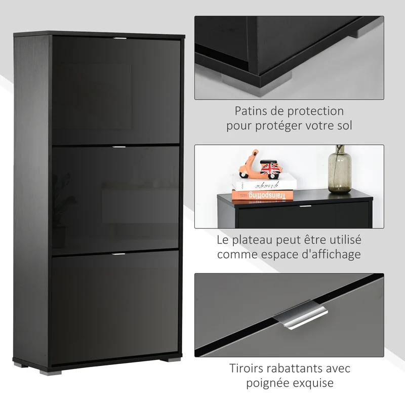 Meuble à chaussures armoire 60 x 26 x 124 cm 3 portes abattantes rangement modulable contemporain épuré en MDF noir 21_0002597