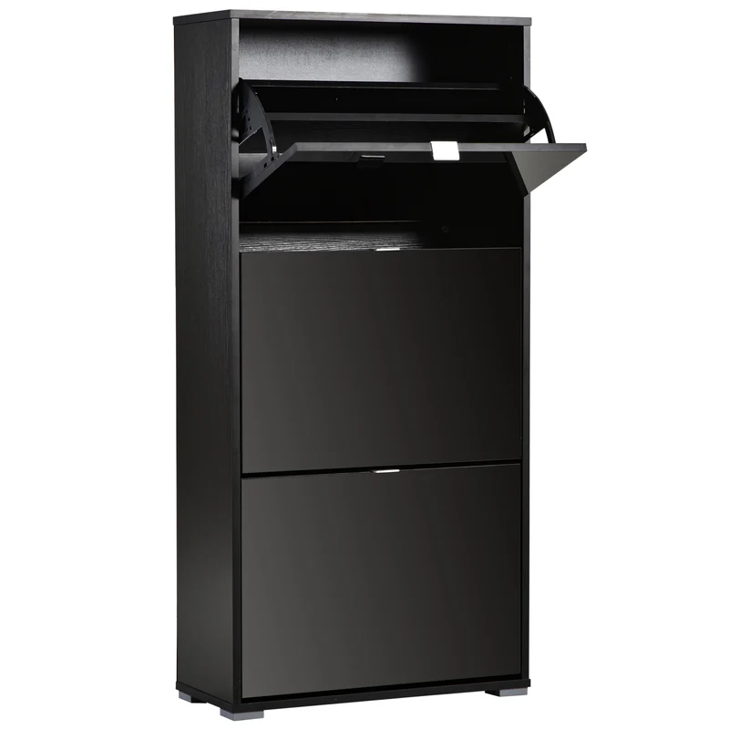 Meuble à chaussures armoire 60 x 26 x 124 cm 3 portes abattantes rangement modulable contemporain épuré en MDF noir 21_0002597