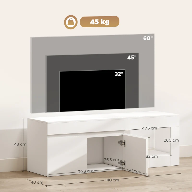 Meuble télévision salon 140 x 40 x 48 cm rangement discret et étagère ouverte intégrée moderne épuré en mélamine blanc 21_0003453