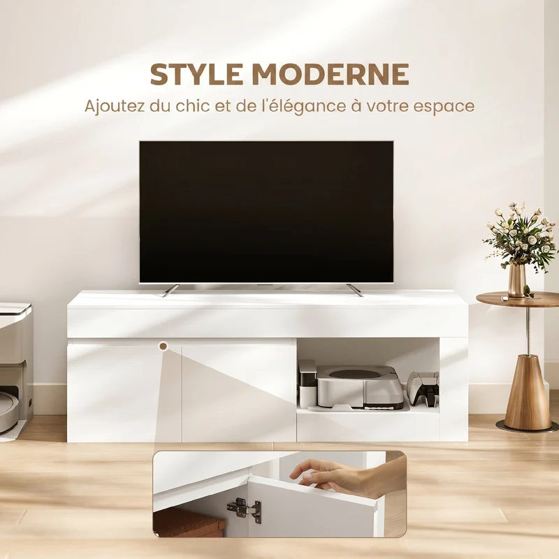 Meuble télévision salon 140 x 40 x 48 cm rangement discret et étagère ouverte intégrée moderne épuré en mélamine blanc 21_0003453