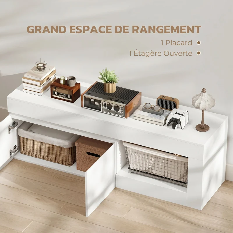 Meuble télévision salon 140 x 40 x 48 cm rangement discret et étagère ouverte intégrée moderne épuré en mélamine blanc 21_0003453