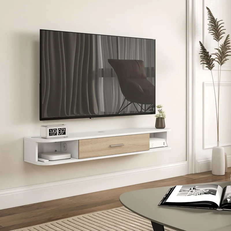 Meuble tv mural 120 x 26 x 16 cm rangement pour tv 50 pouces 2 compartiments placard relevable moderne épuré en MDF blanc 21_0003183