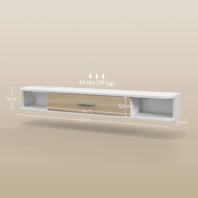 Meuble tv mural 120 x 26 x 16 cm rangement pour tv 50 pouces 2 compartiments placard relevable moderne épuré en MDF blanc 21_0003183