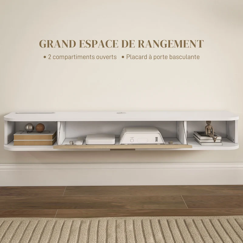 Meuble tv mural 120 x 26 x 16 cm rangement pour tv 50 pouces 2 compartiments placard relevable moderne épuré en MDF blanc 21_0003183