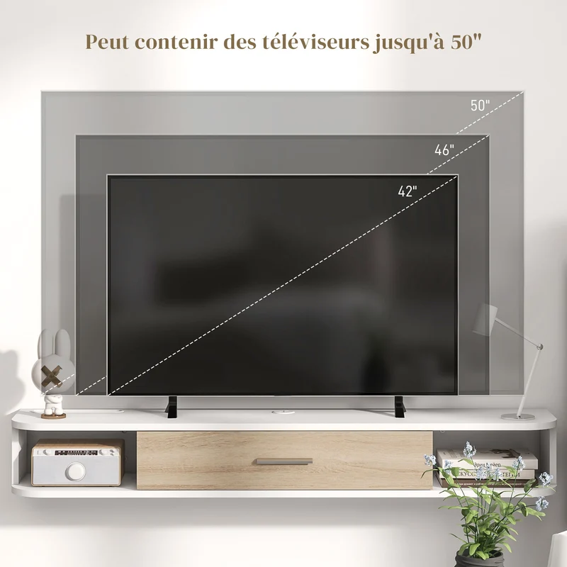 Meuble tv mural 120 x 26 x 16 cm rangement pour tv 50 pouces 2 compartiments placard relevable moderne épuré en MDF blanc 21_0003183