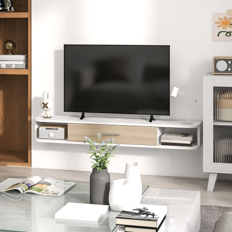 Meuble tv mural 120 x 26 x 16 cm rangement pour tv 50 pouces 2 compartiments placard relevable moderne épuré en MDF blanc 21_0003183