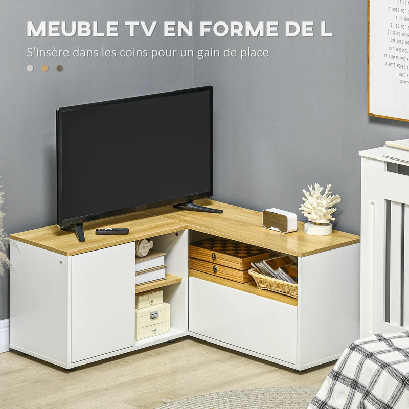 Meuble tv d'angle 90 x 90 x 45 cm gain de place compact rangements style scandinave en panneaux de particules bois clair 21_0003125