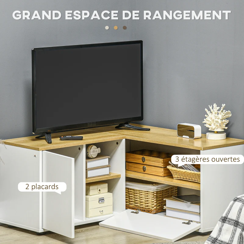 Meuble tv d'angle 90 x 90 x 45 cm gain de place compact rangements style scandinave en panneaux de particules bois clair 21_0003125