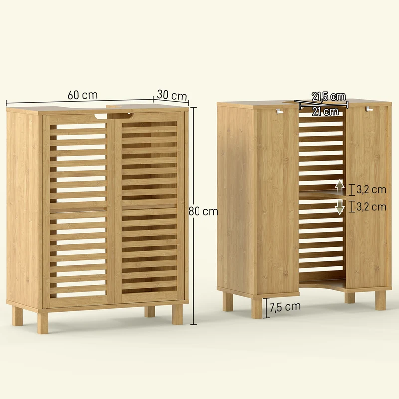 Meuble sous lavabo salle de bain 60 x 30 x 80 cm découpe en u étagère réglable moderne épuré en bambou bois naturel 21_0002120