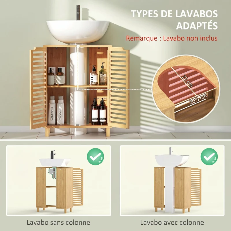 Meuble sous lavabo salle de bain 60 x 30 x 80 cm découpe en u étagère réglable moderne épuré en bambou bois naturel 21_0002120
