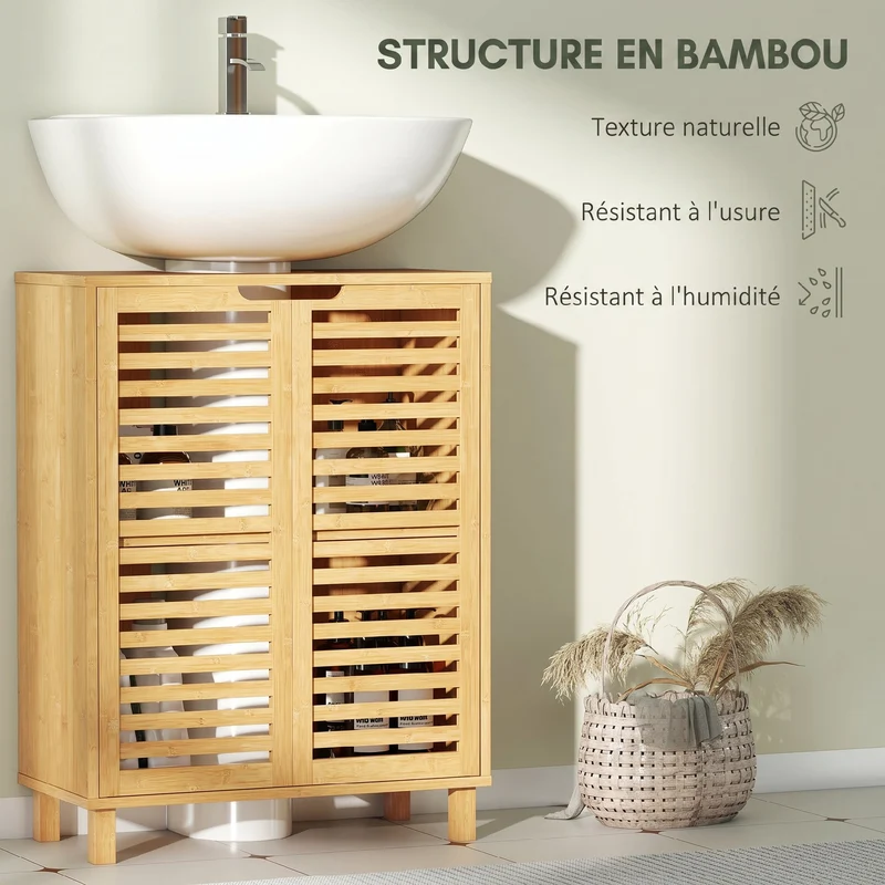 Meuble sous lavabo salle de bain 60 x 30 x 80 cm découpe en u étagère réglable moderne épuré en bambou bois naturel 21_0002120