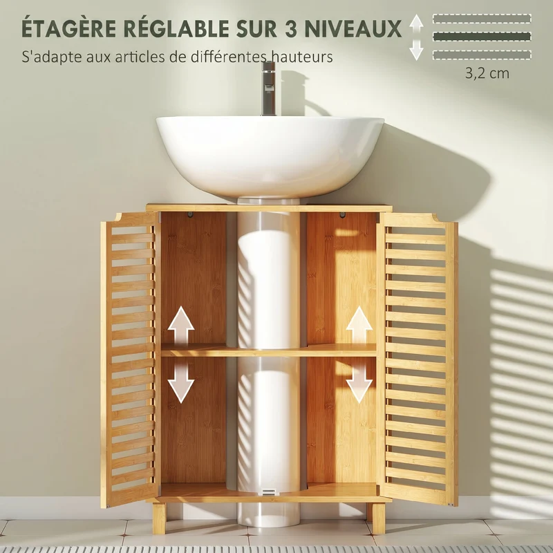 Meuble sous lavabo salle de bain 60 x 30 x 80 cm découpe en u étagère réglable moderne épuré en bambou bois naturel 21_0002120