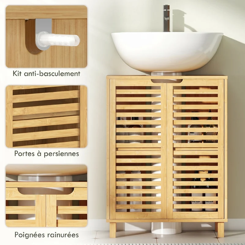 Meuble sous lavabo salle de bain 60 x 30 x 80 cm découpe en u étagère réglable moderne épuré en bambou bois naturel 21_0002120