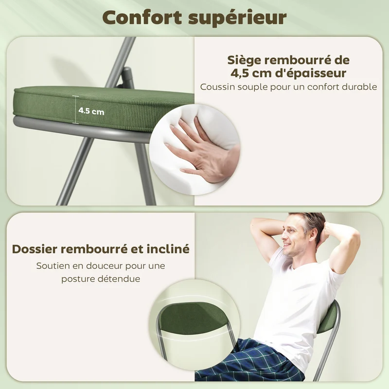 Lot de 4 chaises pliantes salle à manger 45 x 48.5 x 82 cm assise rembourrée ergonomique moderne en velours côtelé vert 21_0003295