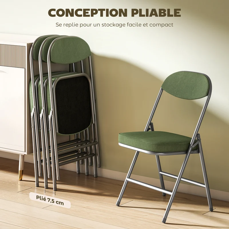 Lot de 4 chaises pliantes salle à manger 45 x 48.5 x 82 cm assise rembourrée ergonomique moderne en velours côtelé vert 21_0003295