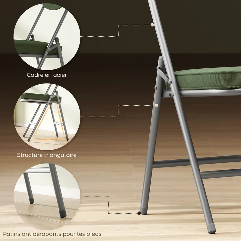 Lot de 4 chaises pliantes salle à manger 45 x 48.5 x 82 cm assise rembourrée ergonomique moderne en velours côtelé vert 21_0003295