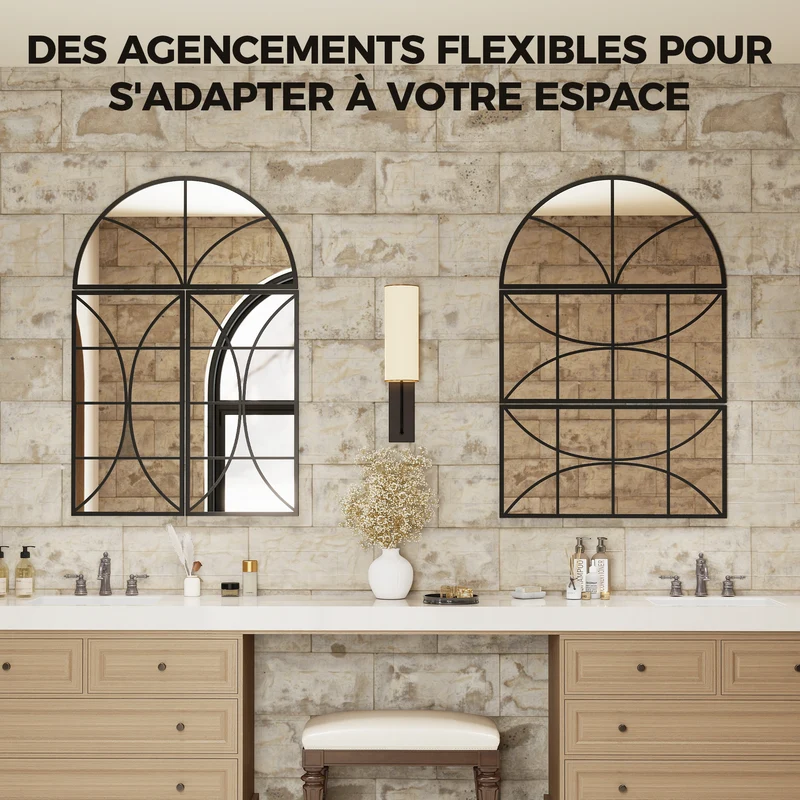 Lot de 3 miroirs muraux arqués entrée 80 x 120 cm agrandit sécurité incassable moderne rustique en verre trempé noir 21_0003728