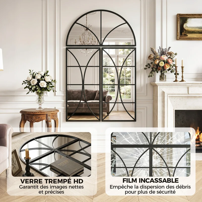 Lot de 3 miroirs muraux arqués entrée 80 x 120 cm agrandit sécurité incassable moderne rustique en verre trempé noir 21_0003728
