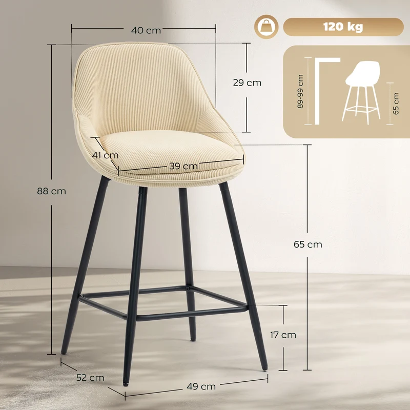 Lot de 2 tabourets de bar dossier courbé 49 x 52 x 88 cm assise épaisse rotation 360° design en velours côtelé beige 21_0003338