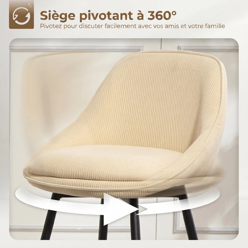 Lot de 2 tabourets de bar dossier courbé 49 x 52 x 88 cm assise épaisse rotation 360° design en velours côtelé beige 21_0003338