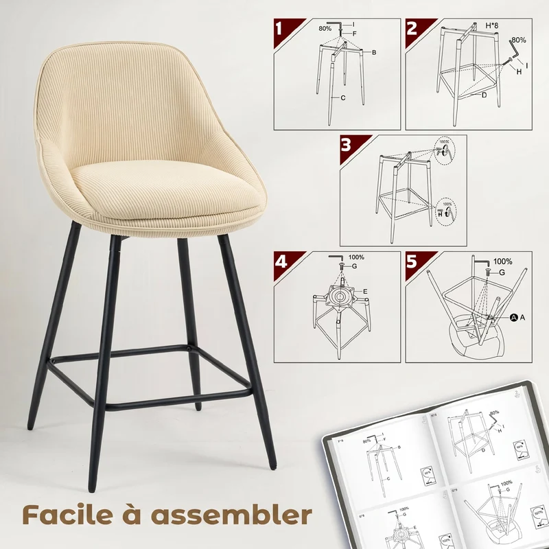 Lot de 2 tabourets de bar dossier courbé 49 x 52 x 88 cm assise épaisse rotation 360° design en velours côtelé beige 21_0003338