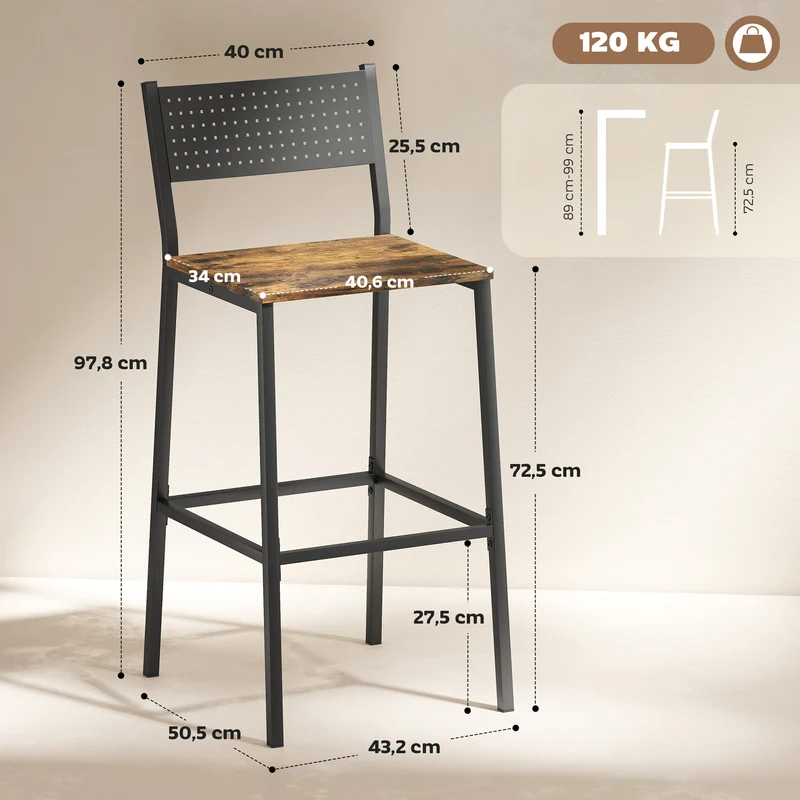 Lot de 2 tabourets de bar 43,2 x 50,5 x 97,8 cm dossier incliné repose-pieds antidérapant style industriel en MDF brun 21_0003330