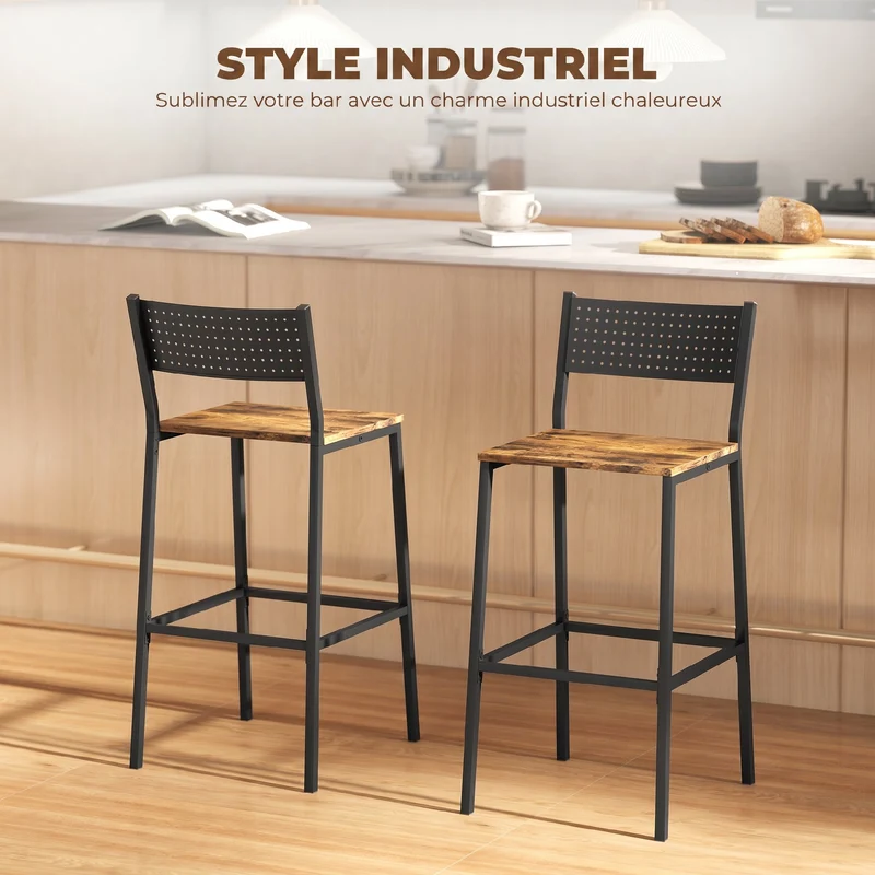 Lot de 2 tabourets de bar 43,2 x 50,5 x 97,8 cm dossier incliné repose-pieds antidérapant style industriel en MDF brun 21_0003330