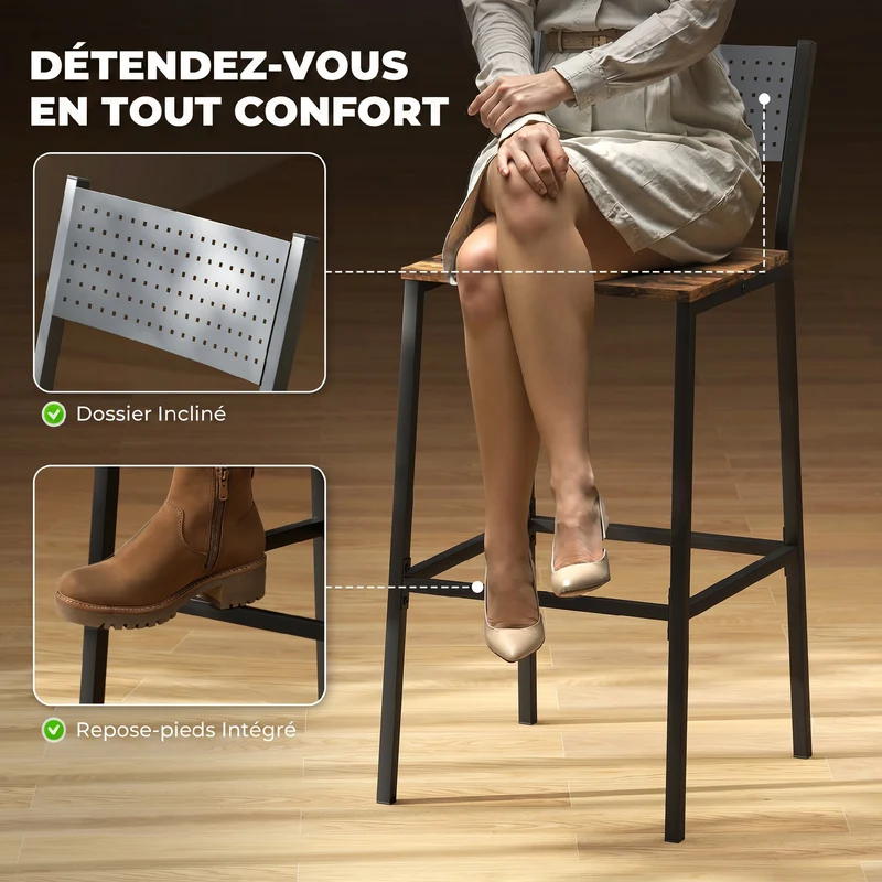 Lot de 2 tabourets de bar 43,2 x 50,5 x 97,8 cm dossier incliné repose-pieds antidérapant style industriel en MDF brun 21_0003330