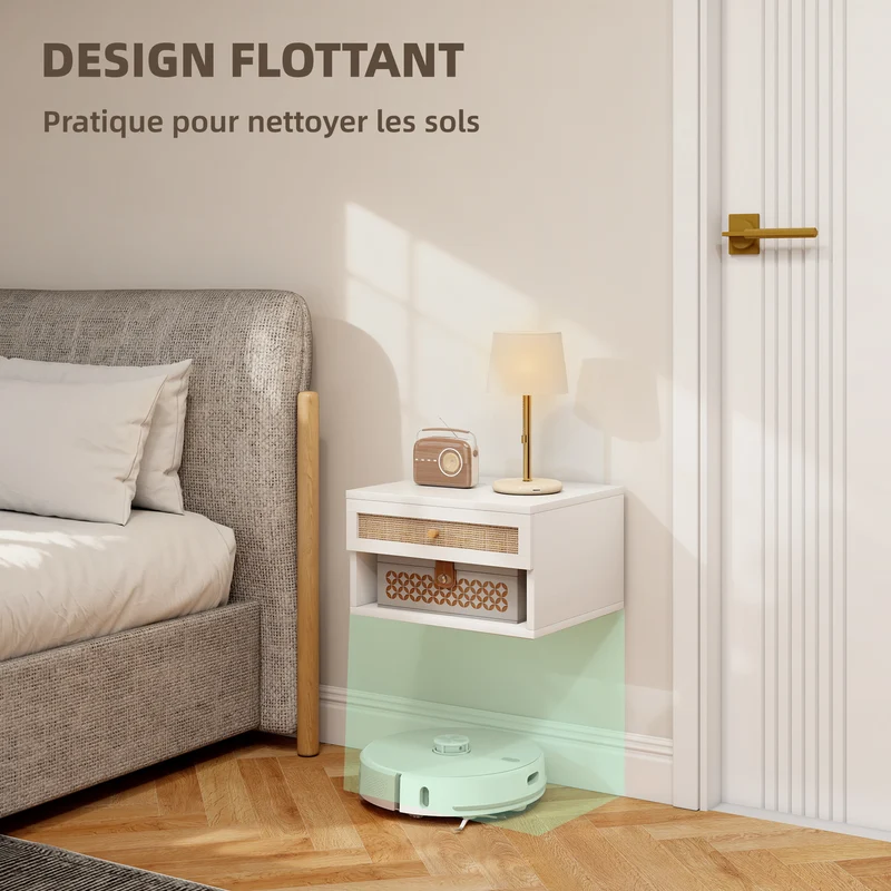 Lot de 2 tables de chevet murales 40 x 34 x 23 cm tiroir niche utile design contemporain en panneau de particules blanc 21_0001607