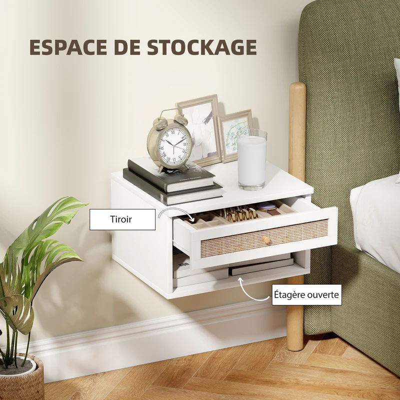 Lot de 2 tables de chevet murales 40 x 34 x 23 cm tiroir niche utile design contemporain en panneau de particules blanc 21_0001607