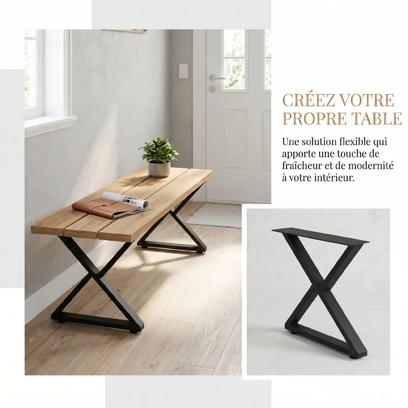Lot de 2 pieds de table en forme de x 60 x 43 cm patins réglables stabilité optimale design industriel en acier noir 21_0007151