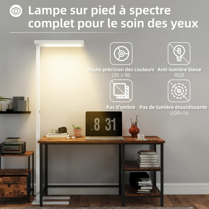 Lampadaire sur pied salon 60 x 32 x 196 cm intensité réglable télécommande soin des yeux minimaliste en métal blanc 21_0007054