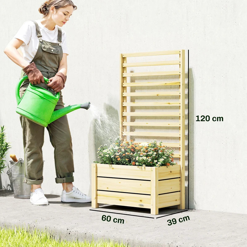 Jardinière avec treillis balcon 60 x 39 x 120 cm drainage doublure pour plantes grimpantes rustique en bois naturel 21_0005618