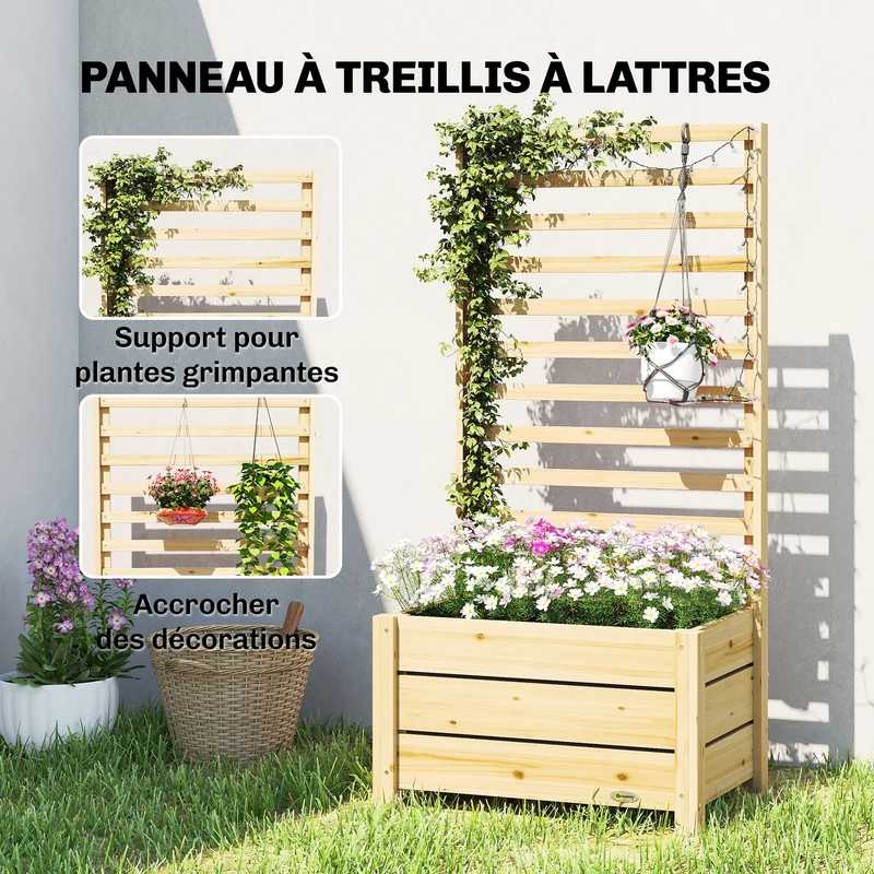 Jardinière avec treillis balcon 60 x 39 x 120 cm drainage doublure pour plantes grimpantes rustique en bois naturel 21_0005618