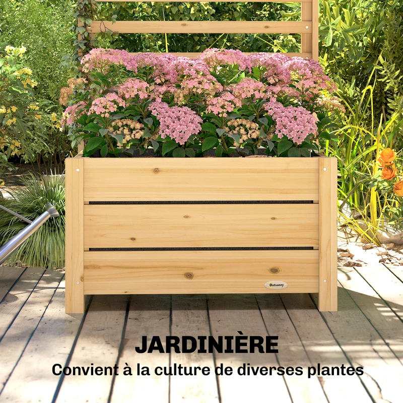 Jardinière avec treillis balcon 60 x 39 x 120 cm drainage doublure pour plantes grimpantes rustique en bois naturel 21_0005618