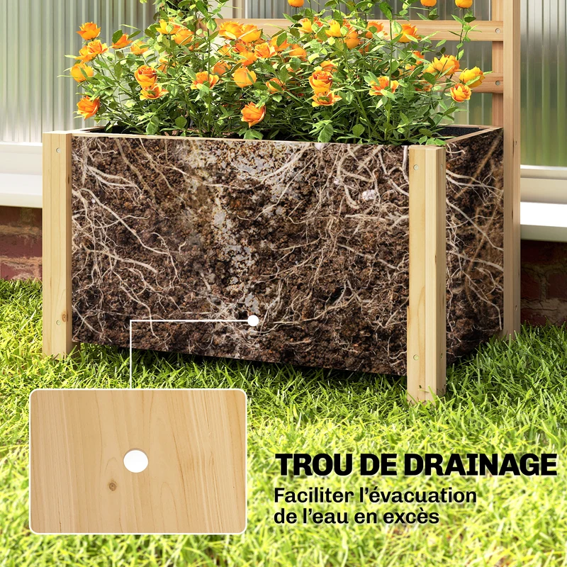 Jardinière avec treillis balcon 60 x 39 x 120 cm drainage doublure pour plantes grimpantes rustique en bois naturel 21_0005618