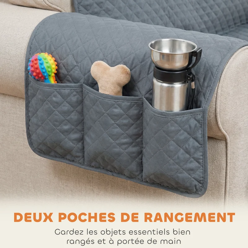 Housse de canapé 3 places 306 x 177 x 0,50 cm antidérapante poches intégrées contemporain moderne en polyester gris 21_0007378