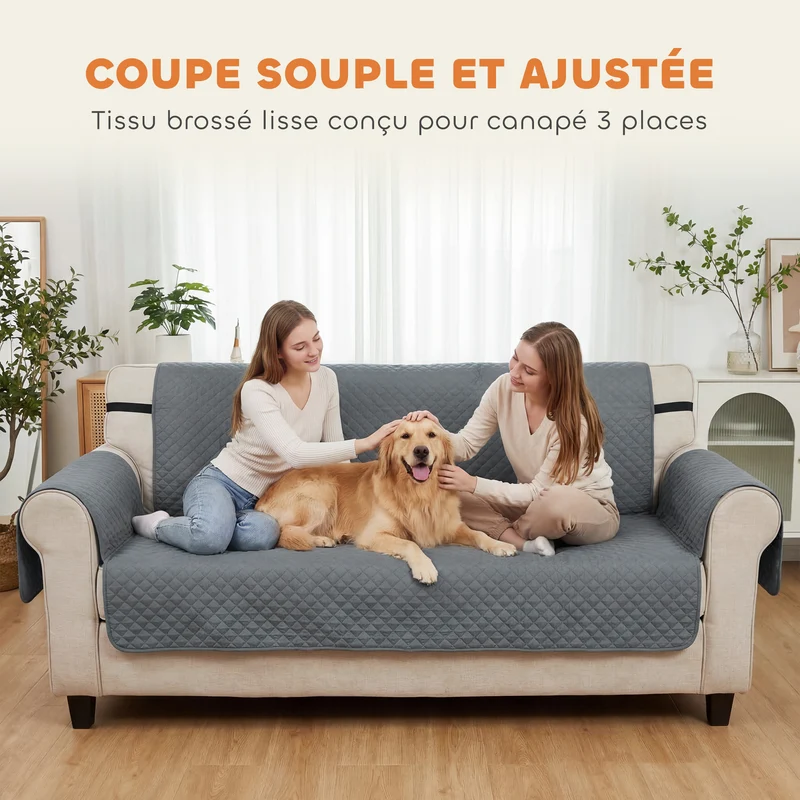 Housse de canapé 3 places 306 x 177 x 0,50 cm antidérapante poches intégrées contemporain moderne en polyester gris 21_0007378