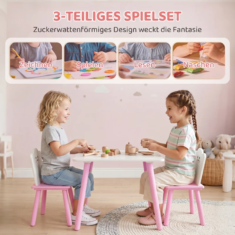 Ensemble table et 2 chaises enfant 60 x 60 x 44 cm favorise autonomie et créativité scandinave tendance en MDF rose 21_0000240