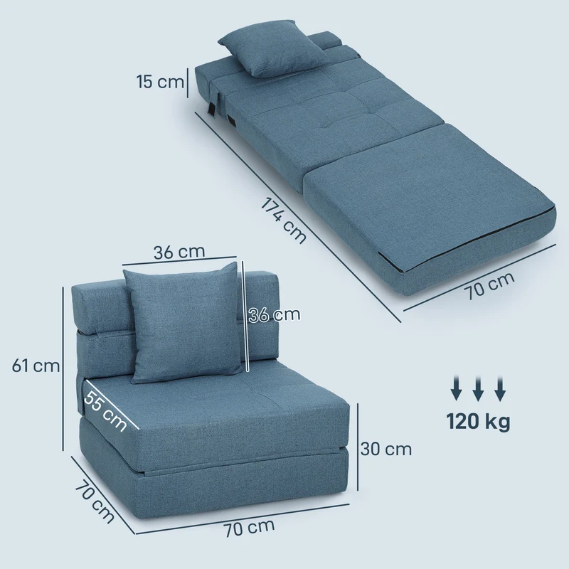 Chauffeuse convertible 1 place 70 x 70 x 61 cm lit d'appoint rapide assise rembourrée moderne en polyester bleu foncé 21_0003013